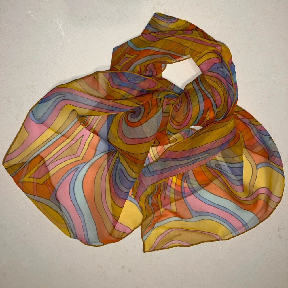 Sheer Paisley 1970s Mod Scarf /Ponytail Tie/Wrap Orange/Pink/Blue/Yellow 15βx44β - Picture 5 of 16
